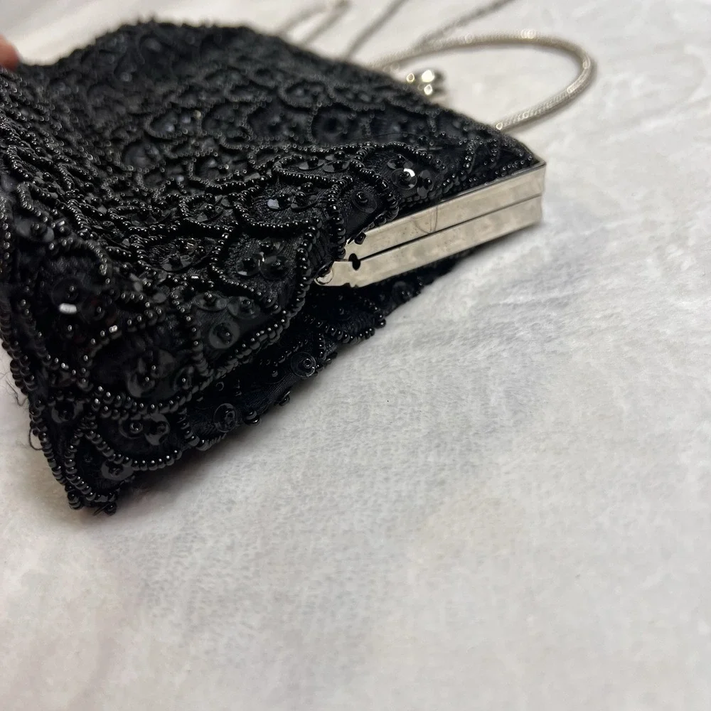 Vintage MG Collection Black Beaded Evening Bag Kisslock Chain Clutch Purse